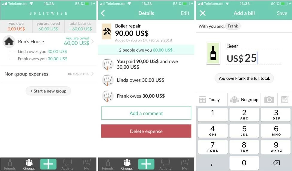 Image: Overview of the Splitwise app: Groups – Bill details – Add a bill