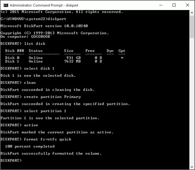 Image: Command for the creation of a bootable USB drive in the Command Prompt