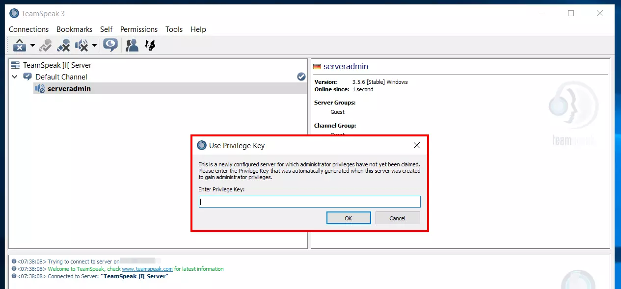 Image: TS3 server: Use Privilege Key