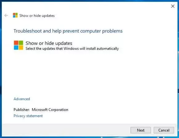 Image: Start screen for the Microsoft tool wushowhide.diagcab