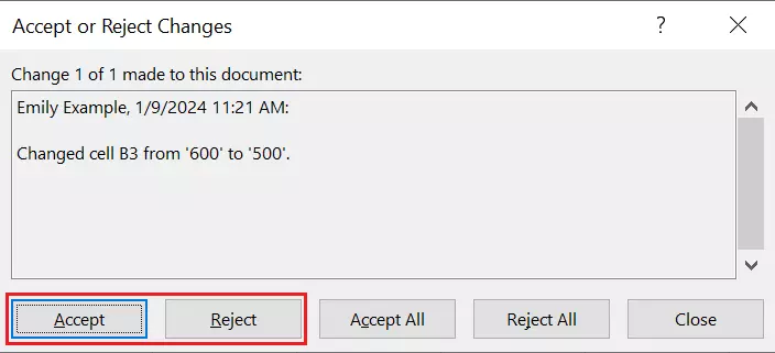 Dialog box to accept or reject changes in Excel Image: Dialog box to accept or reject changes in Excel