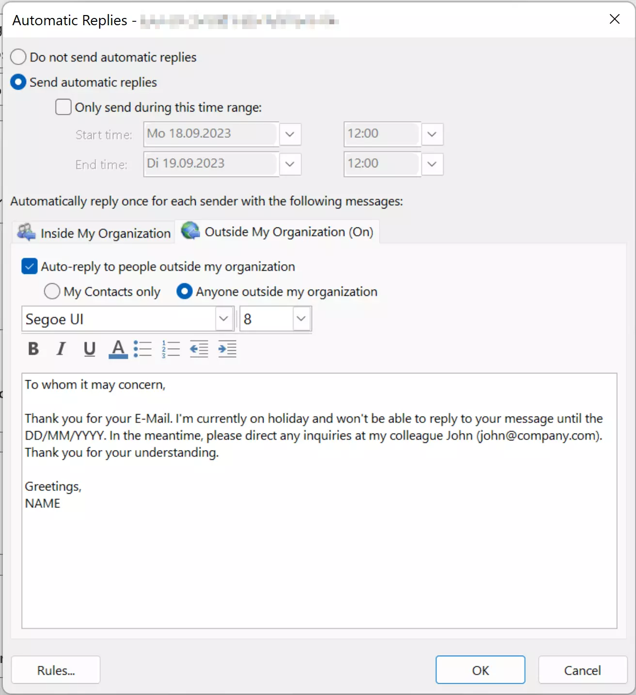 Out of office set up window with the option to designate an automatic reply period Out of office set up window with the option to designate an automatic reply period