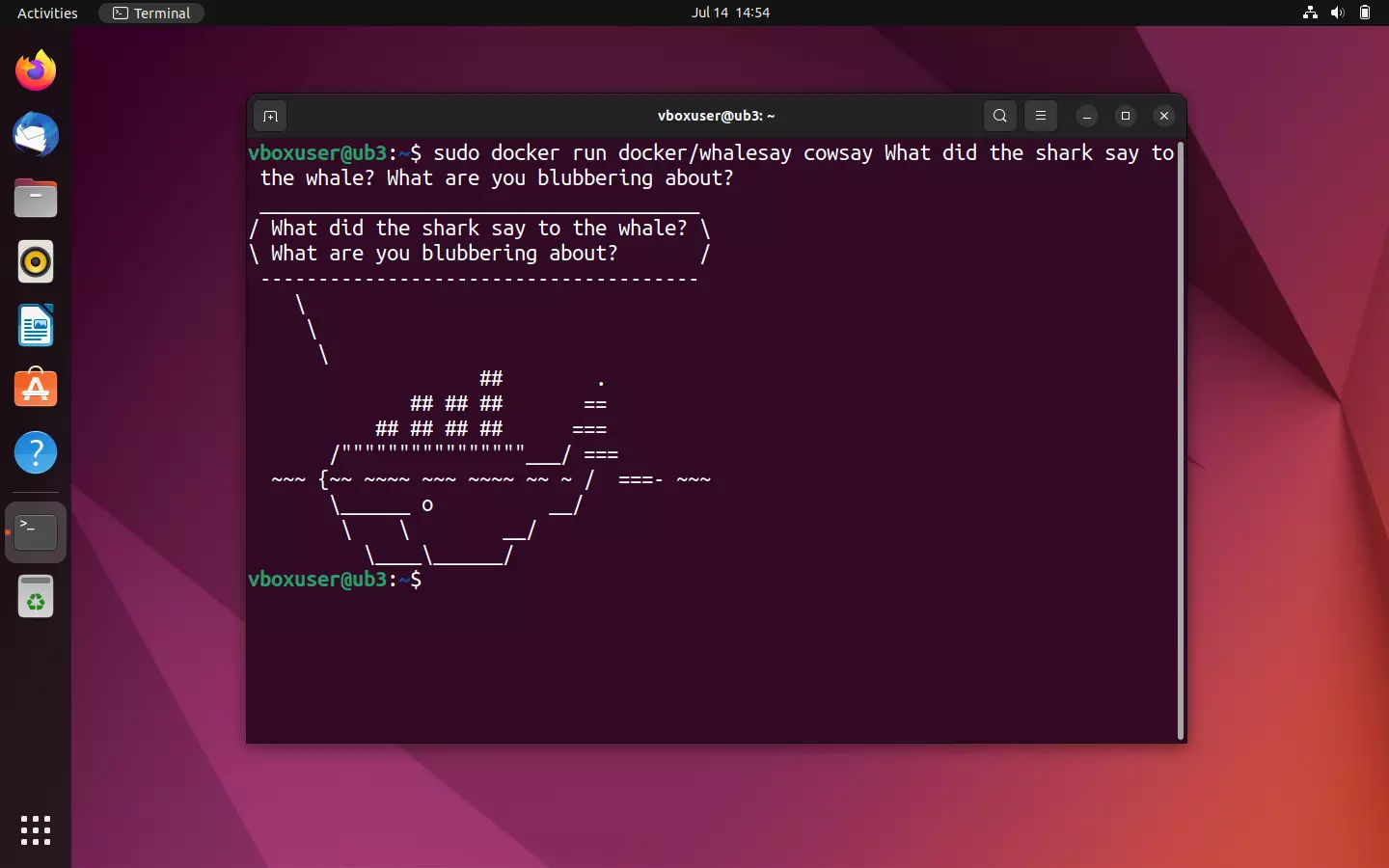 Terminal output of the container docker/whalesay: A whale with an individual message Image: Terminal output of the container docker/whalesay: A whale with an individual message