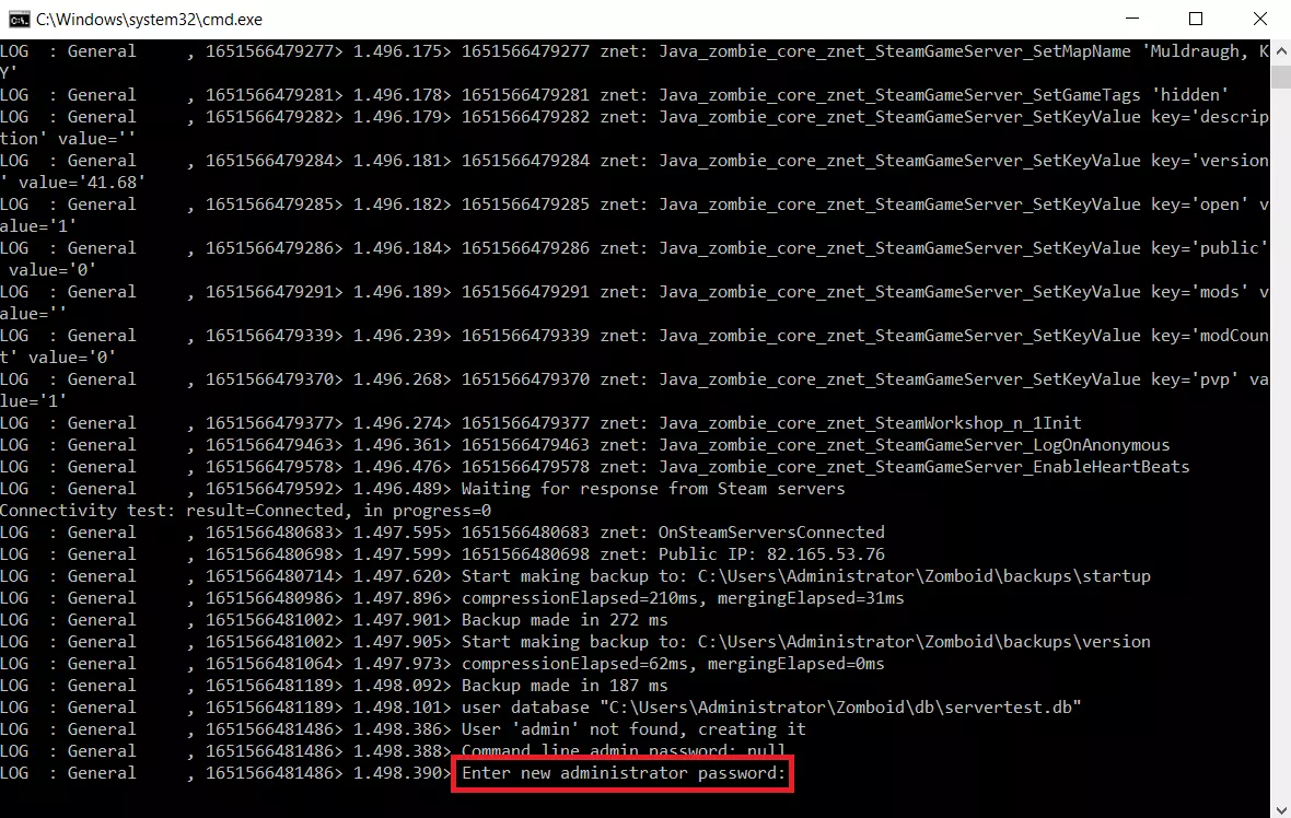 Image: Startup process of the Project Zomboid server in the command line