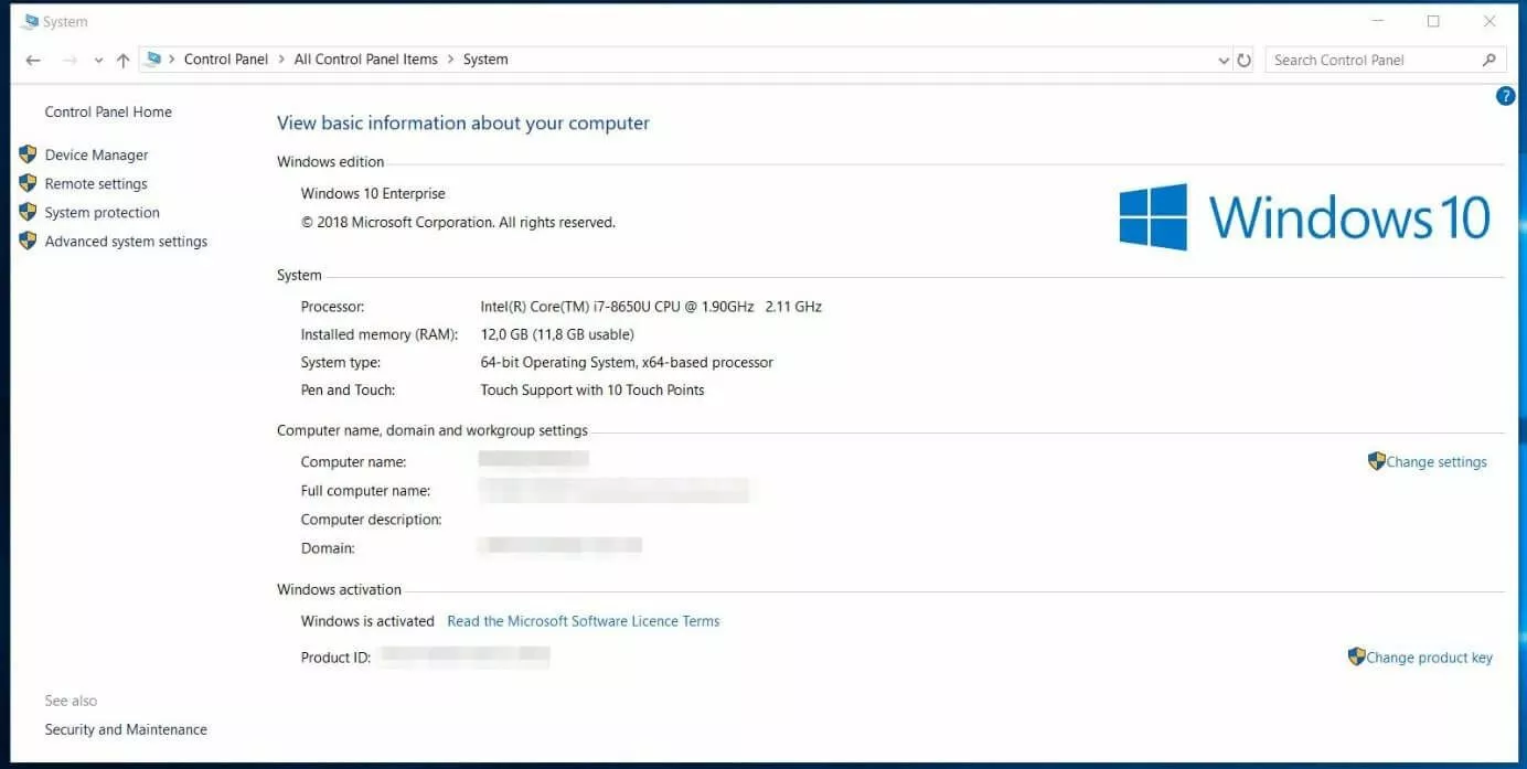 Image: Windows 10 system information