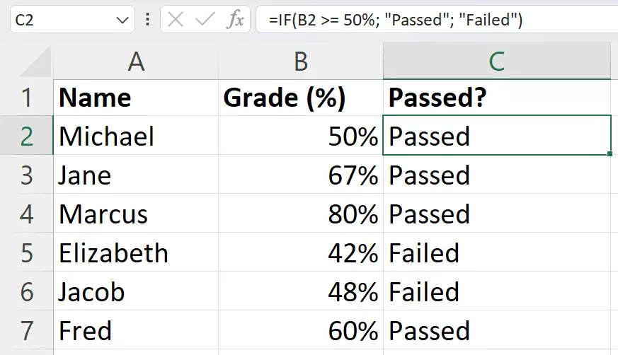 Example table with an IF function Example table with an IF function