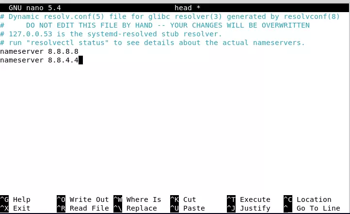 The resolvconf head document with Google’s DNS servers entered The resolvconf head document with Google’s DNS servers entered