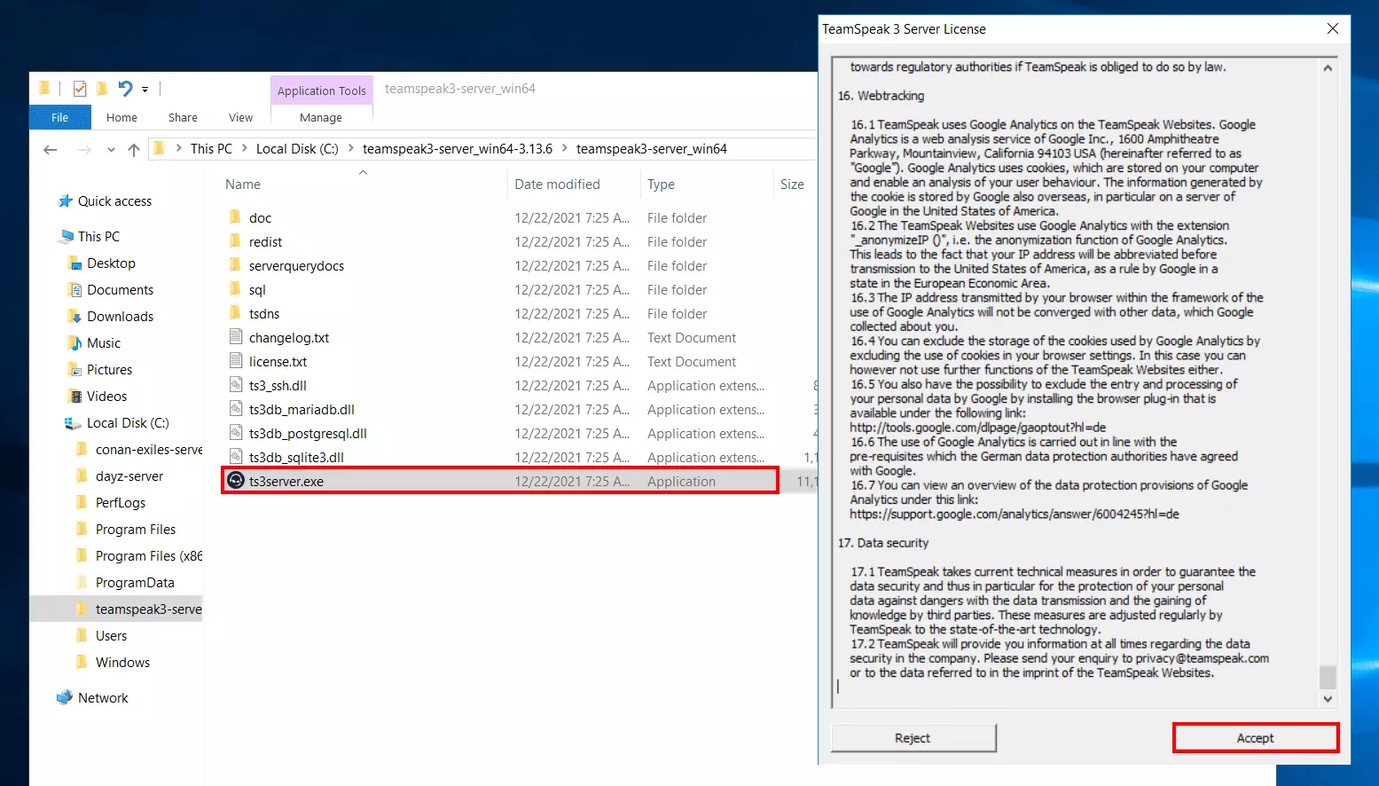 Image: TeamSpeak: Server startup and license agreement