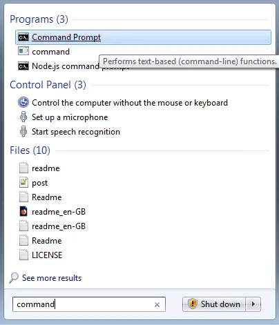 Image: View of the search for the command prompt